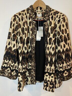 NWT Chico's Jacket Beaded Animal Print 3/4 Sleeve Tan Brown Black 3 XL 16 New